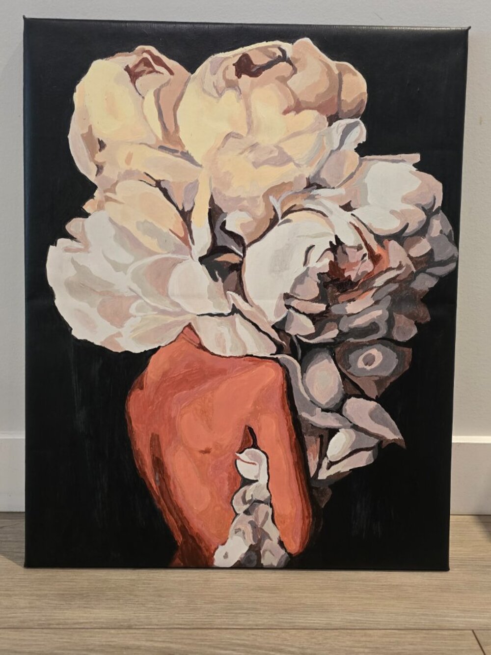 Acrylic Canvas Painting, Floral Woman Black and White